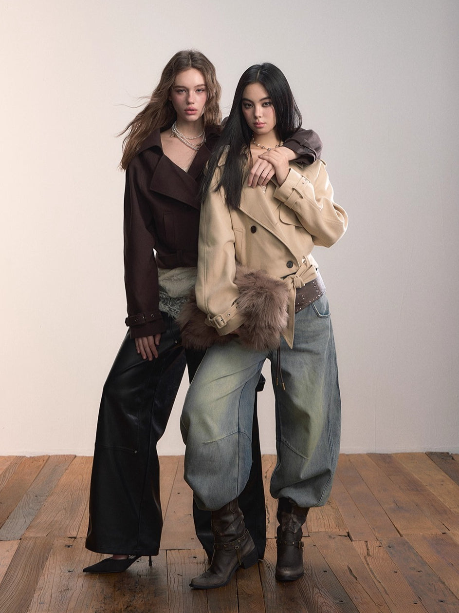 Lapel Collar Belted Cropped Trench Jacket