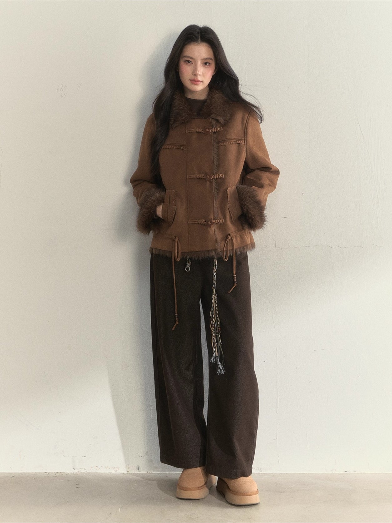 Oak Brown Suede Embroidered Shearling Jacket