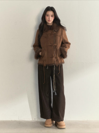 Oak Brown Suede Embroidered Shearling Jacket