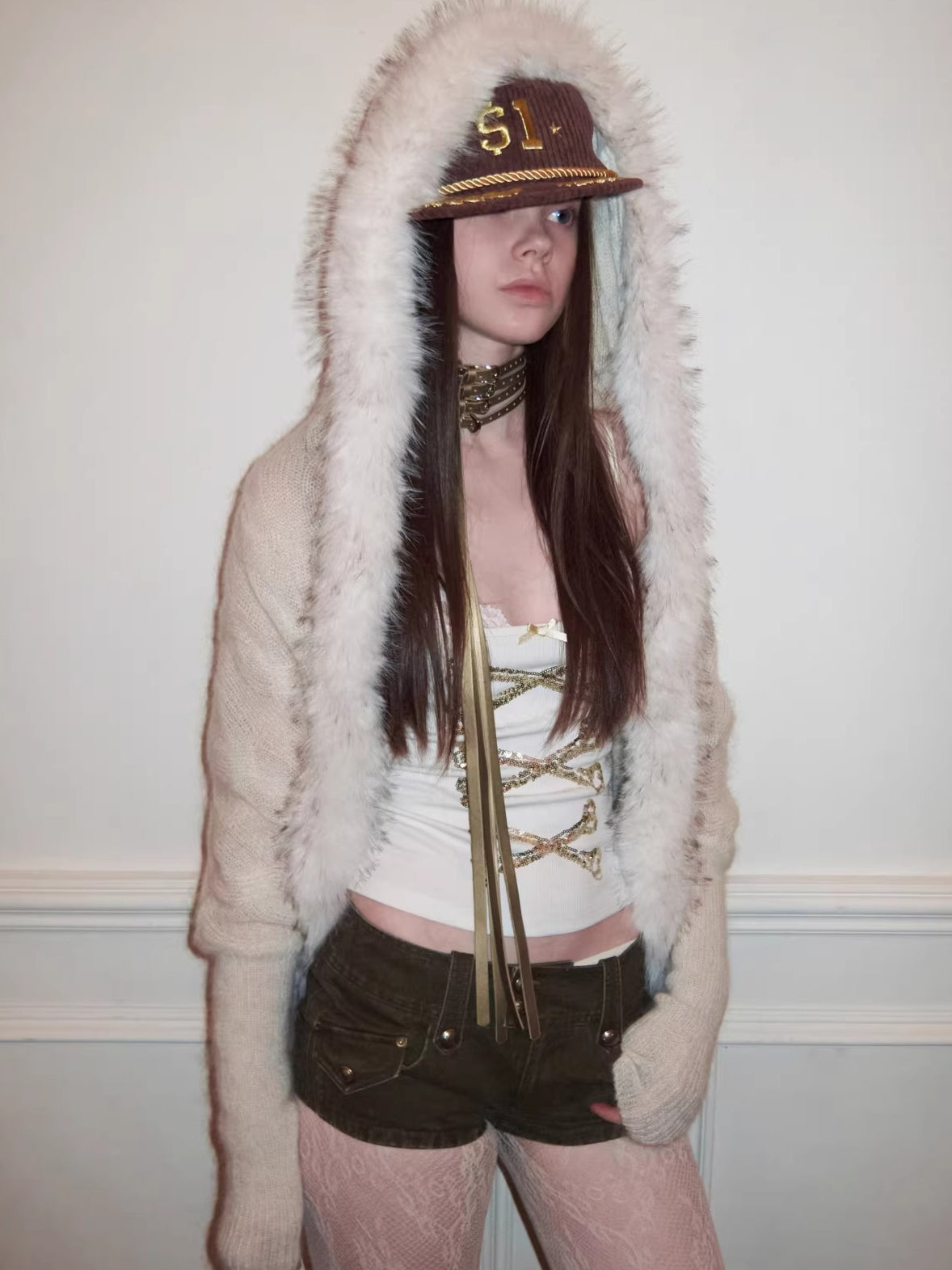 Vintage Mohair-Blend Fur-Trim Knit Cardigan