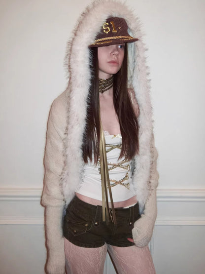 Vintage Mohair-Blend Fur-Trim Knit Cardigan