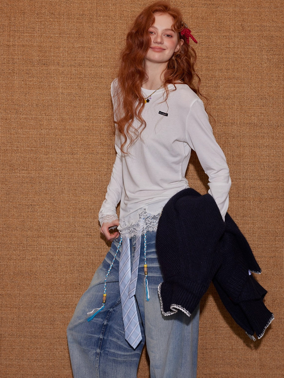 Lace-Paneled Round-Neck Long-Sleeve T-Shirt - CHINASQUAD