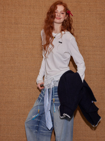 Lace-Paneled Round-Neck Long-Sleeve T-Shirt - CHINASQUAD