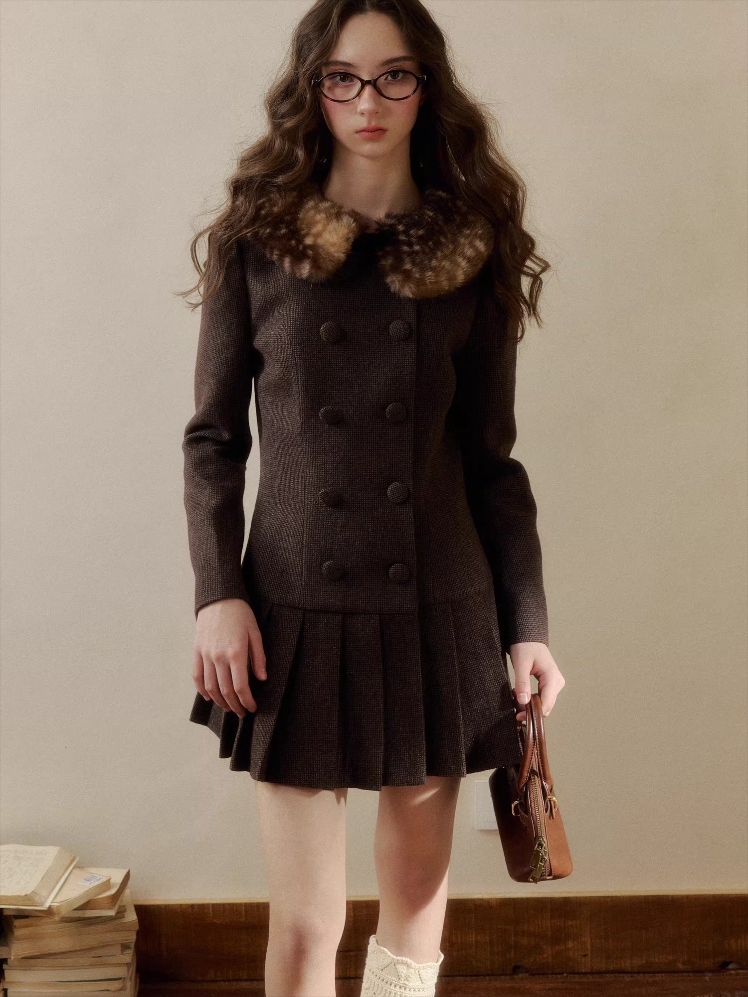 SunsetPark Vintage Preppy Doll-Collar Houndstooth Pleated Dress Brown / S SunsetPark Vintage Preppy Doll-Collar Houndstooth Pleated Dress Brown / S