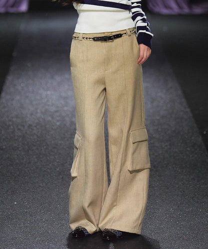 Tweed Braided Belt High-Waist Wide-Leg Pants