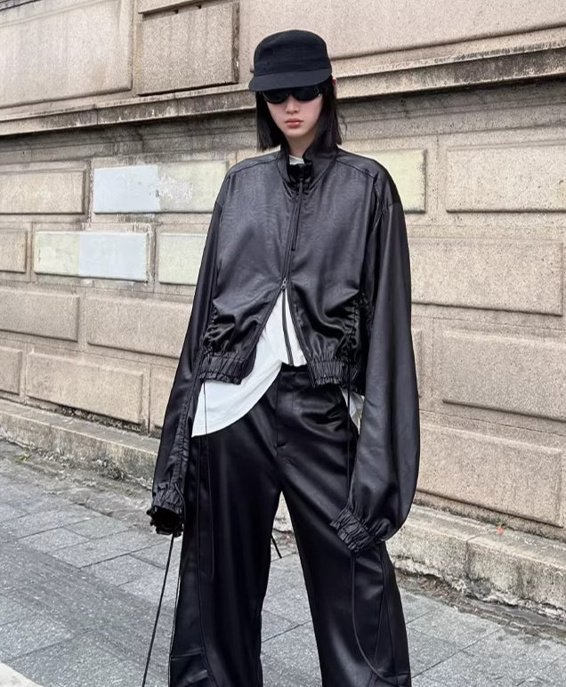 Leather-Texture Athletic Zip Jacket