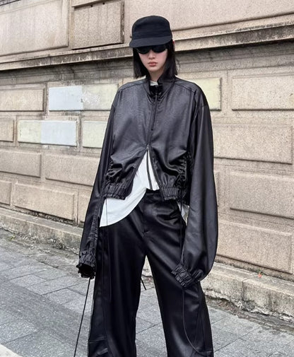 Leather-Texture Athletic Zip Jacket