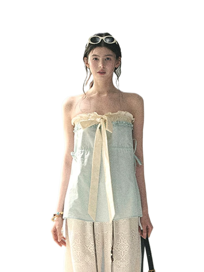 “Soft Blue Whisper” Faux Two-Piece Bandeau Top