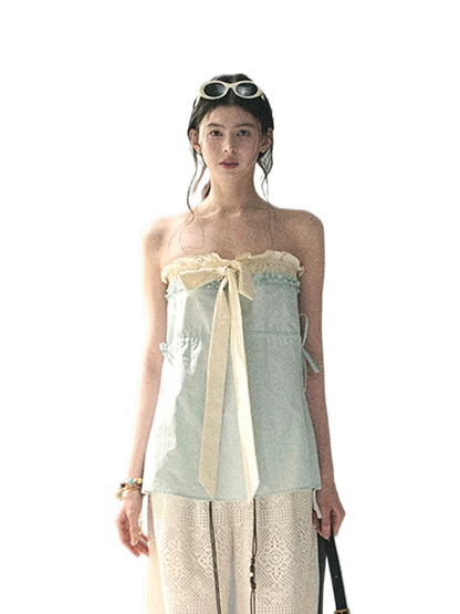 “Soft Blue Whisper” Faux Two-Piece Bandeau Top