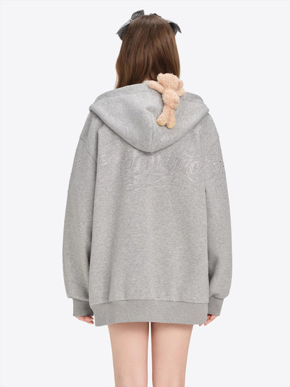 Faux-Diamond Embellished Relaxed Hoodie Jacket