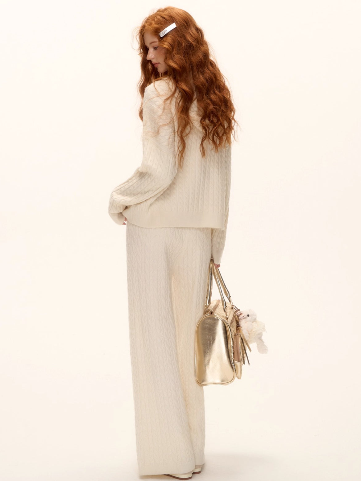 Wool Blend Cable Knit Hoodie &amp; Wide-Leg Pants Set