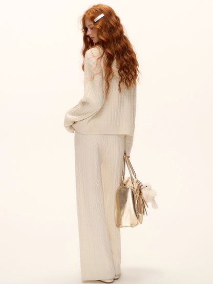 Wool Blend Cable Knit Hoodie &amp; Wide-Leg Pants Set
