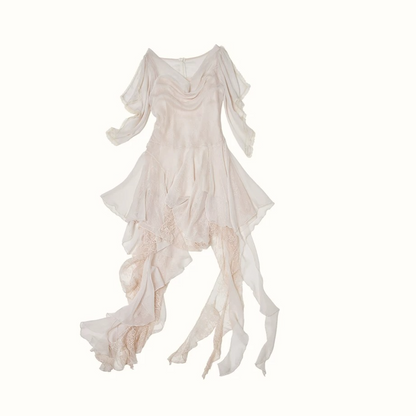 Ethereal Draped Chiffon Lace Asymmetric Dress