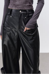 Black Rivet Straight Leather Pants - CHINASQUAD