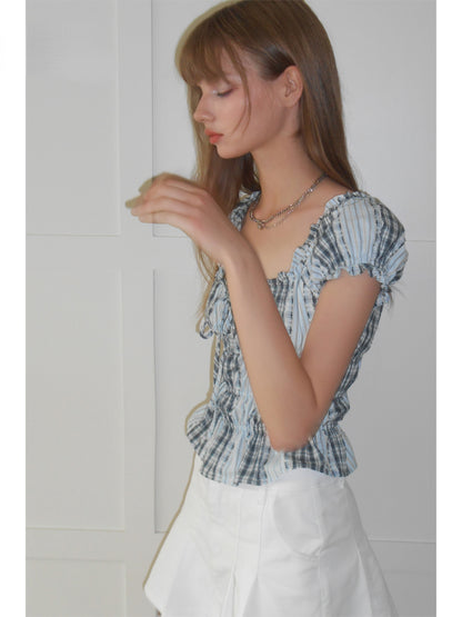 Blue Gingham Bubble Sleeve T-shirt