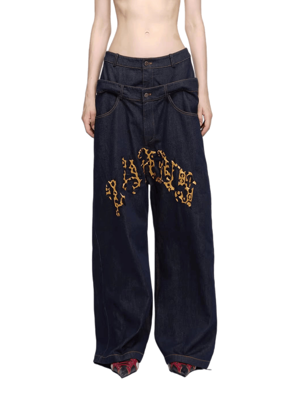 Dual-Waist Embroidered Relaxed-Fit Denim Jeans