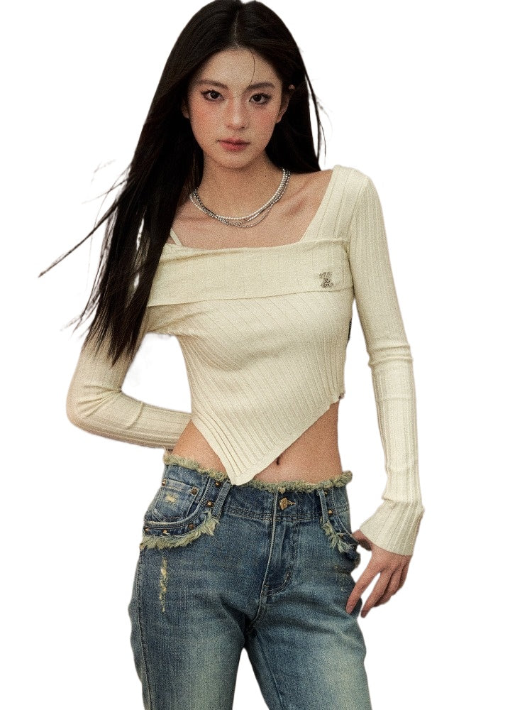 Apricot &amp; Gray Off-shoulder Asymmetric Sweater