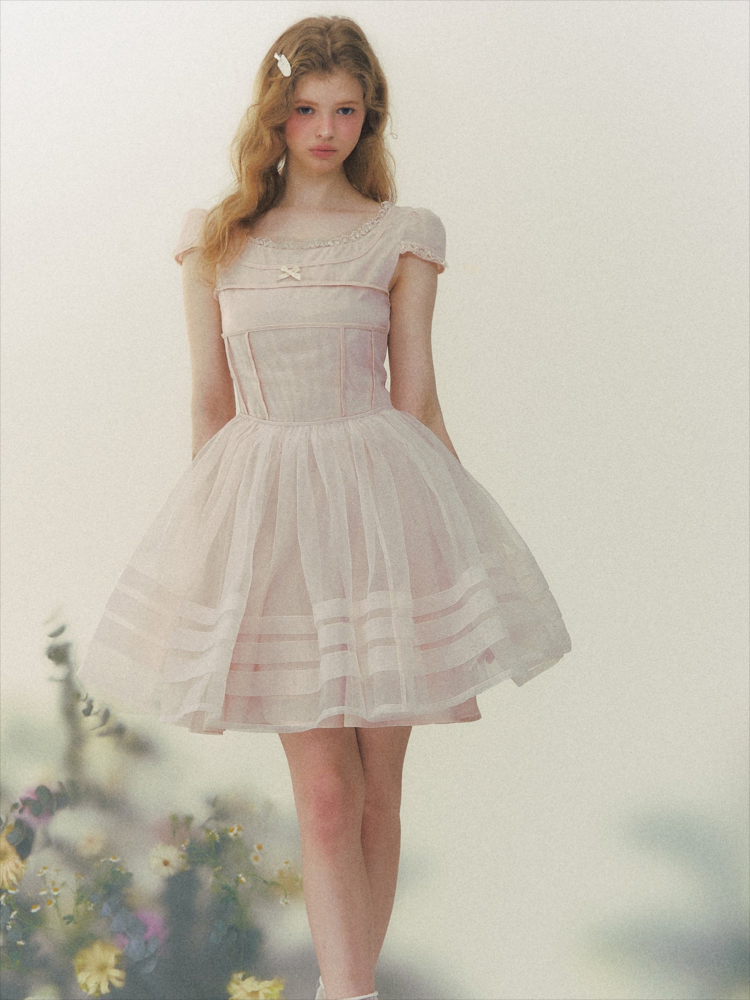 Dream Square-Neck Puff Sleeve Tulle Dress Pink / S