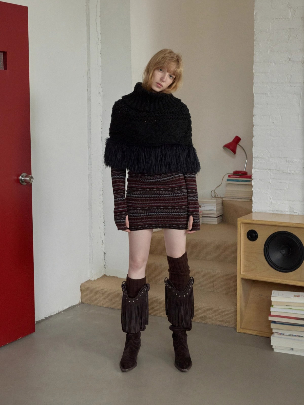 Cable Knit Fringed High-Neck Wool Blend Poncho