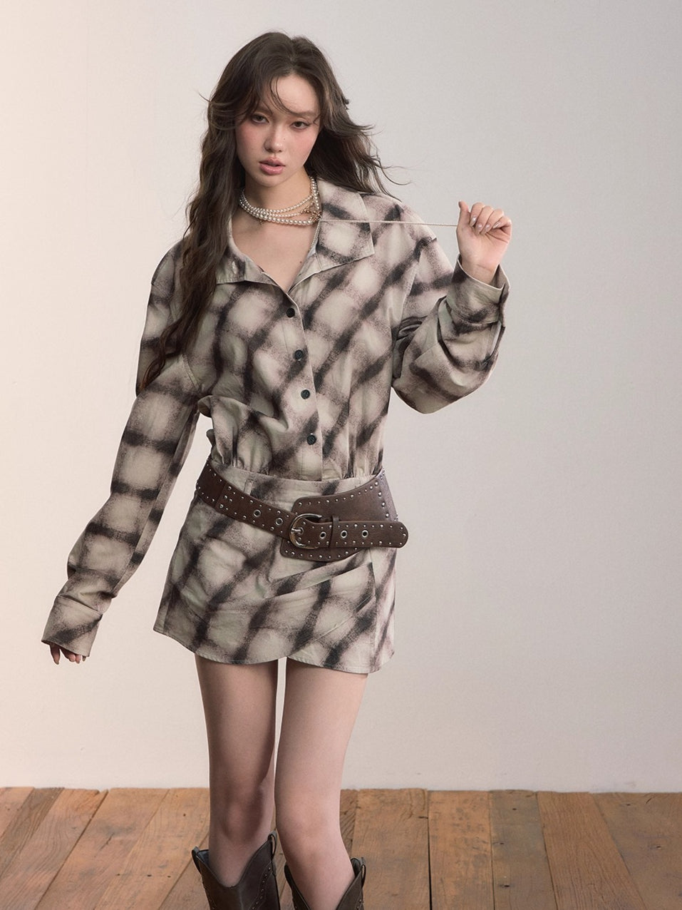Plaid Irregular Hem Cotton Shirt Dress