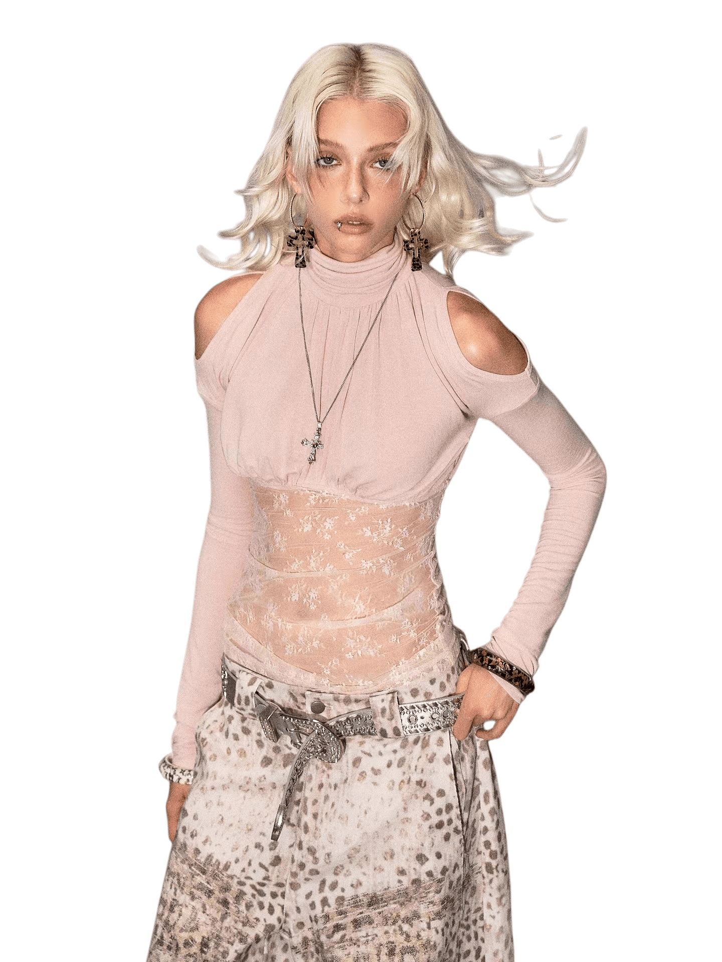 Lace Ruched Mock-Neck Long-Sleeve Base layer