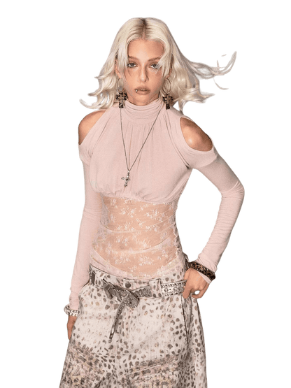 Lace Ruched Mock-Neck Long-Sleeve Base layer