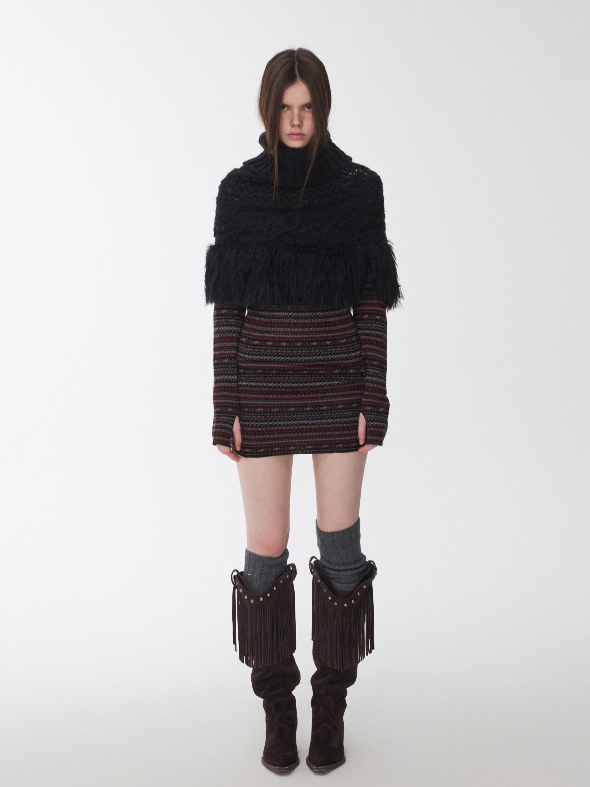 Cable Knit Fringed High-Neck Wool Blend Poncho
