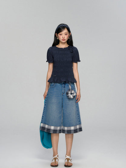 Checkered Patchwork Color-Blocking Wide-Leg Pants Set