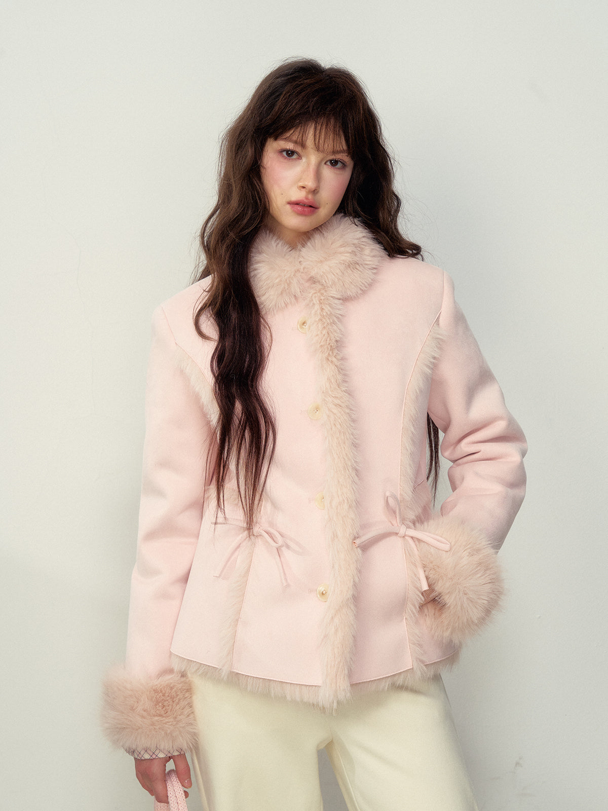 Khaki &amp; Pink Shearling Coat