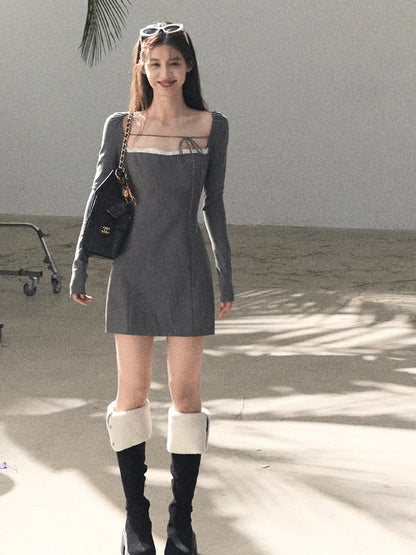 Slim-Fit Black Waist-Cinched Long-Sleeve Dress