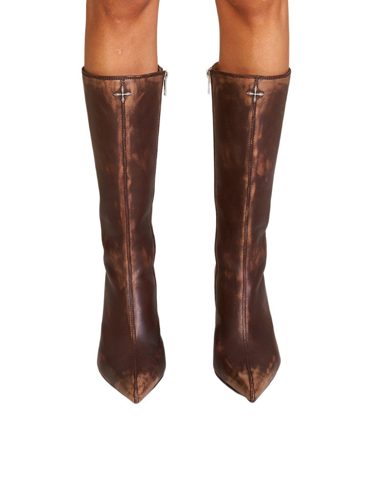 Compass Badge Sword Leather High Heel Boots Patina Wild Horse Brown Patina - CHINASQUAD
