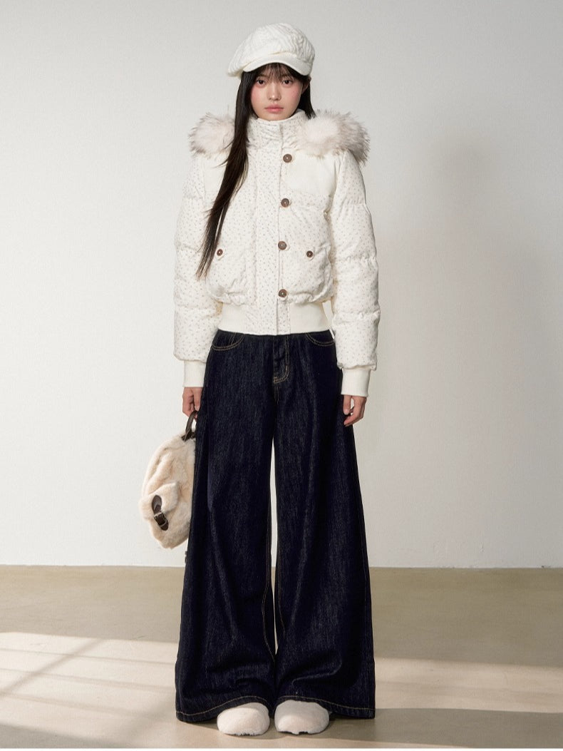 Fuzzy Plaid Down Faux Fur Collar Jacket