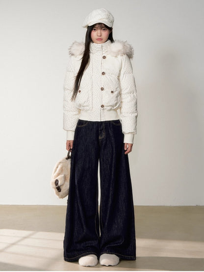 Fuzzy Plaid Down Faux Fur Collar Jacket
