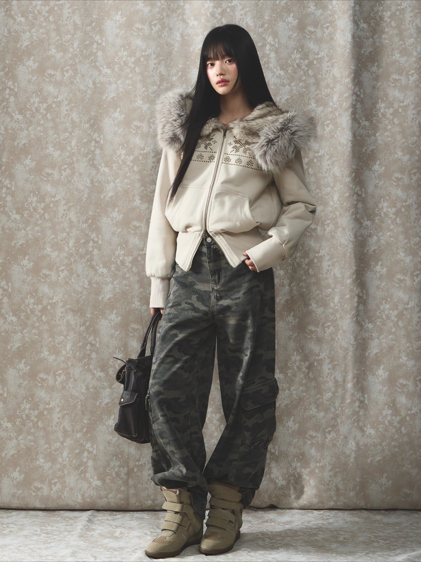 Vintage Rivet Embellished Fleece Hoodie Jacket