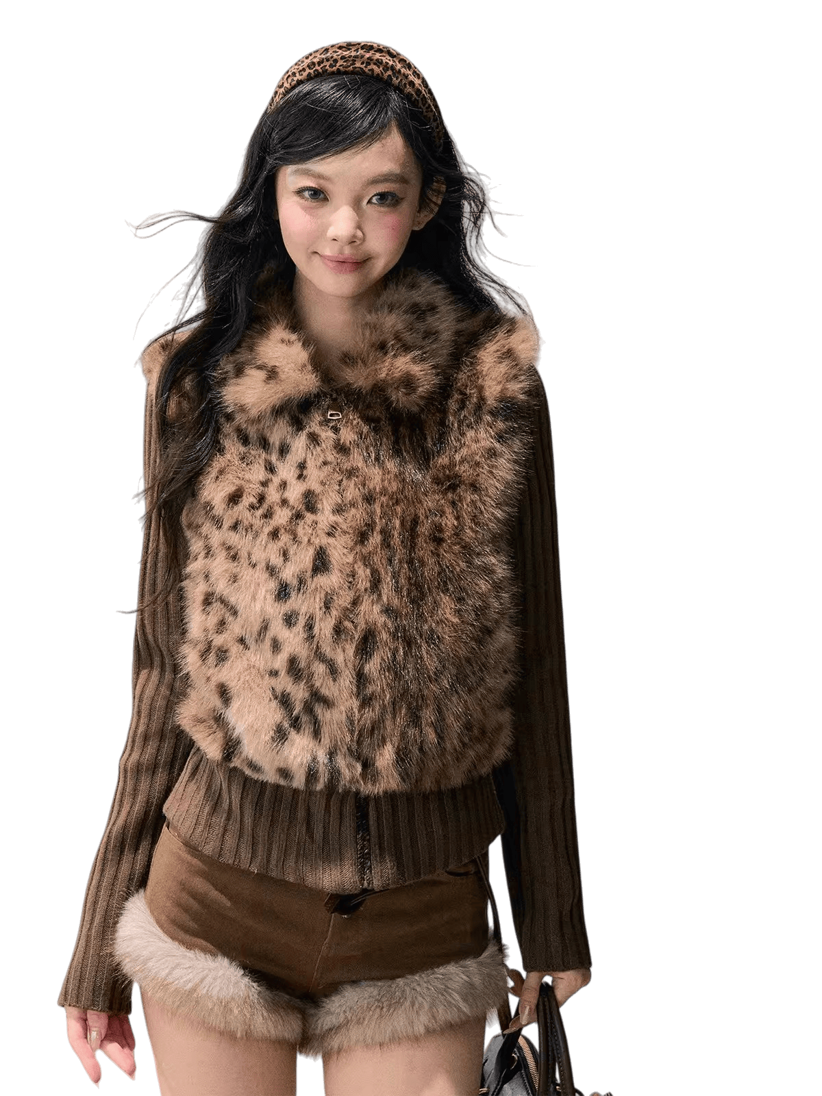 Faux Two-Piece Eco Fur Knit Jacket