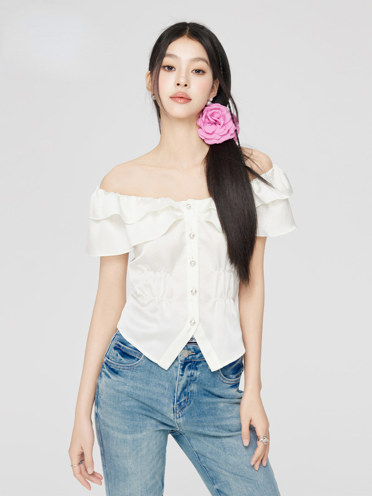 White Ruffled Square Shoulder Shirt - CHINASQUAD