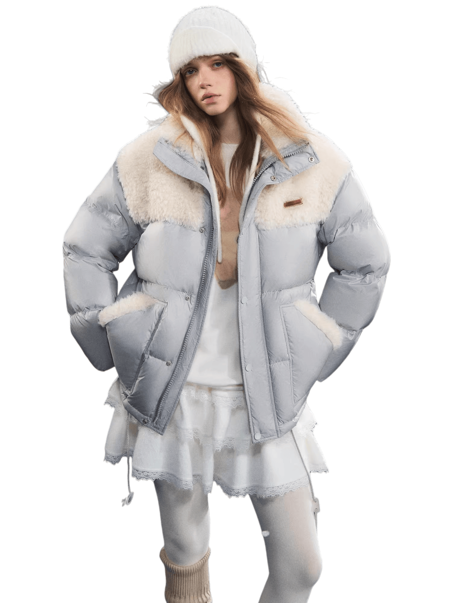 Shearling-Panel Stand-Collar Down Jacket