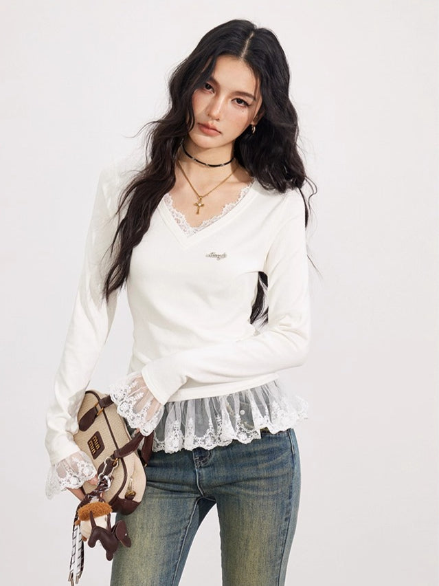 Lace Panel V-Neck Slim-Fit Long Sleeve T-Shirt