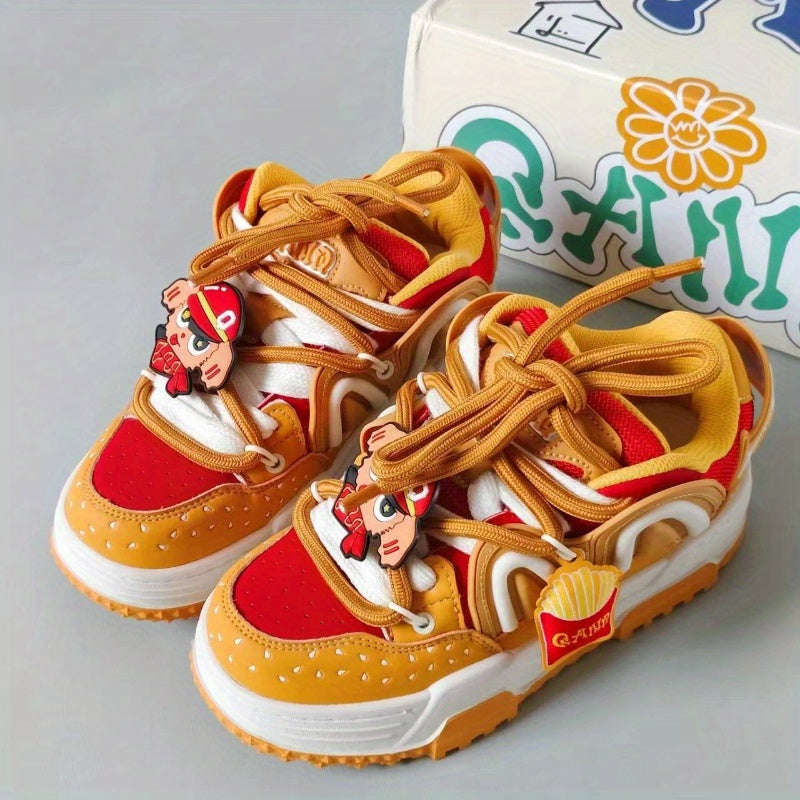 Orange Burger Embroidered Lettering Low-Top Skate Sneakers