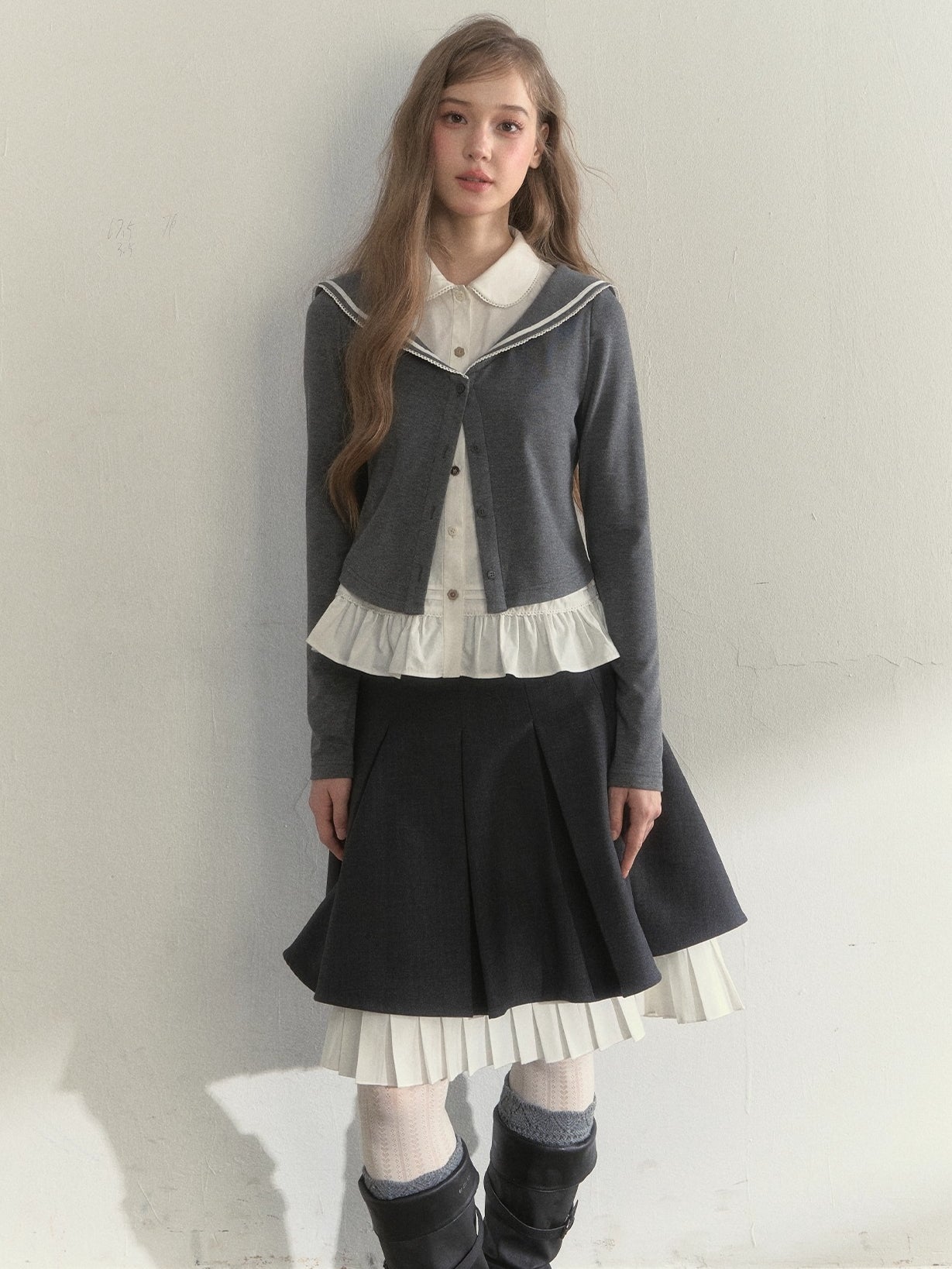 Sailor Collar Academia Style Layered Knit Blouse