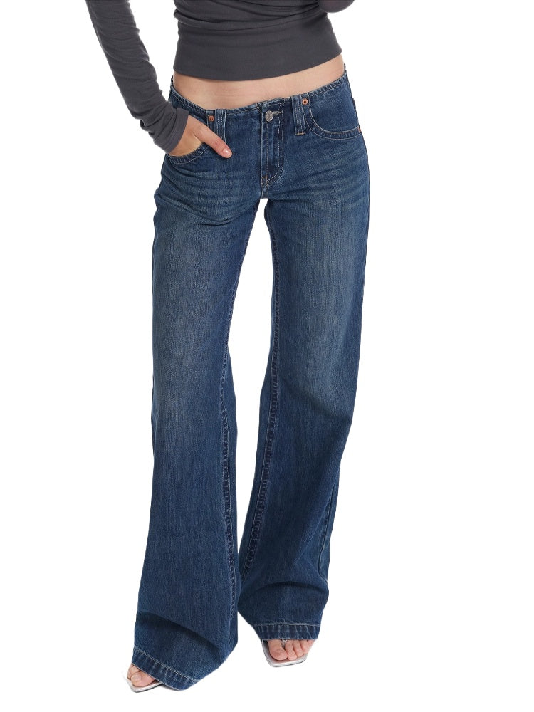 Washed Blue Embroidered Straight Jeans