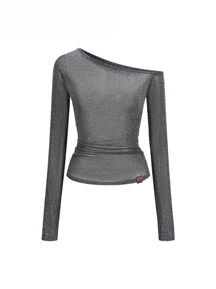 Hot-fix Rhinestone Asymmetric Shoulder Fitted T-shirt