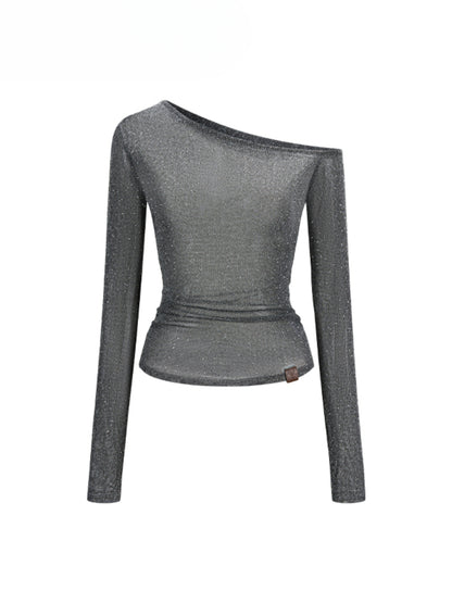 Hot-fix Rhinestone Asymmetric Shoulder Fitted T-shirt