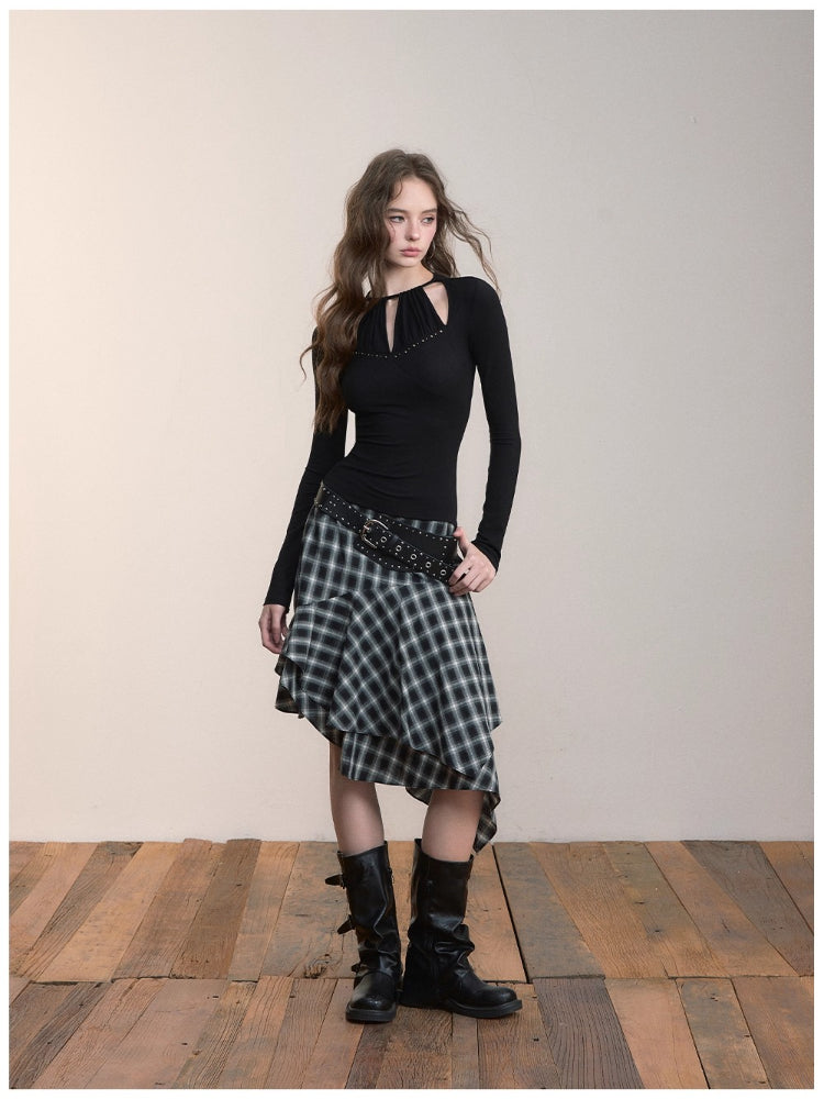 Halter Neck Openwork Rivet Long-Sleeve T-Shirt