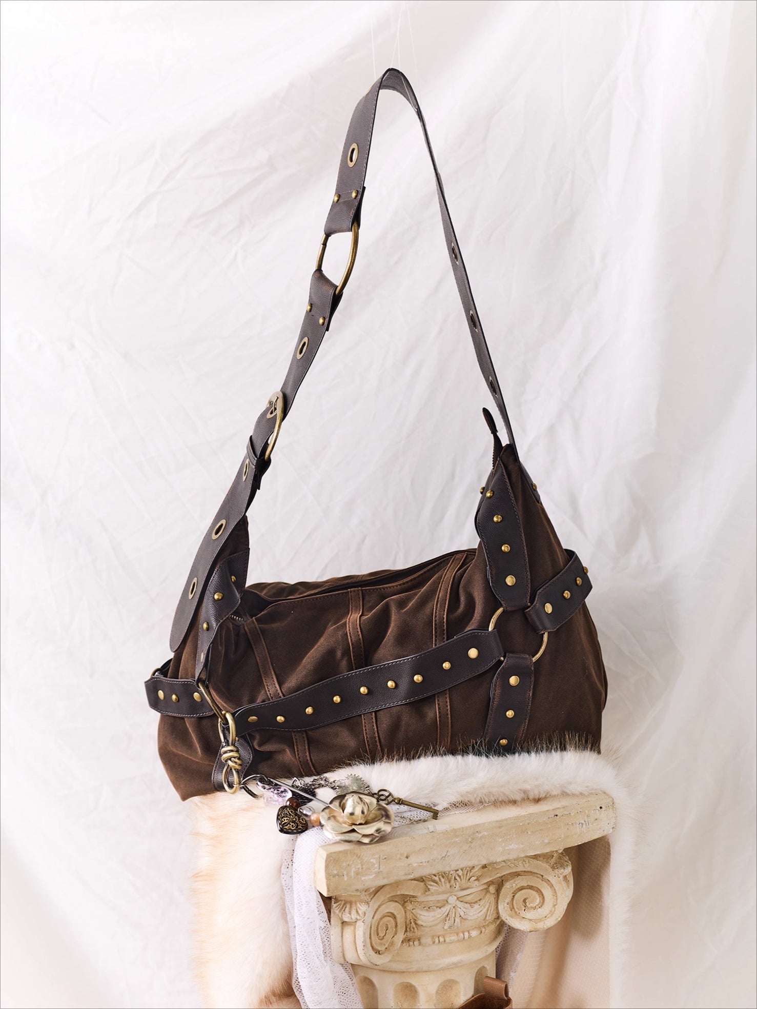 Vintage Studded Wide-Strap Crossbody Bag