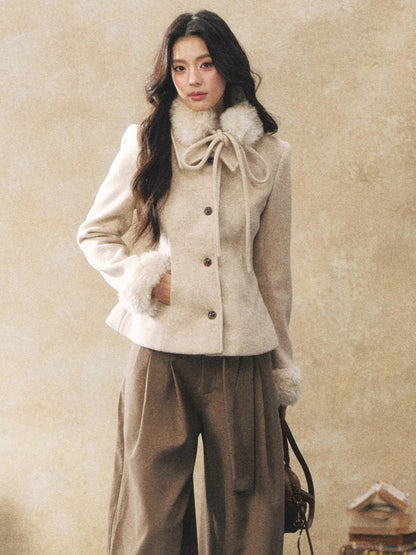 Detachable Fur-Collar Wool-Blend Jacket