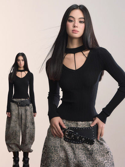 Choker Neck Slim-Fit Ribbed Knit Crewmeck