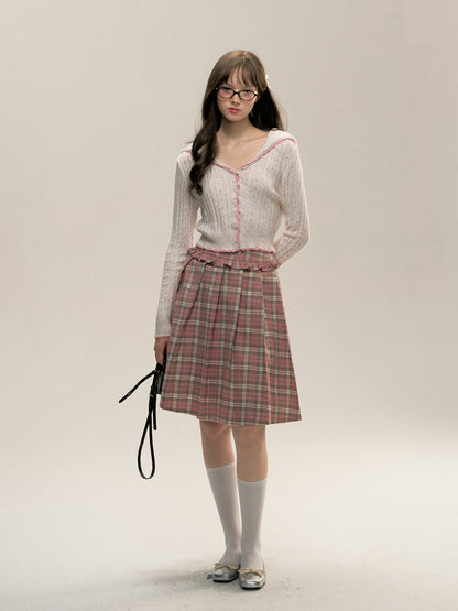 Plaid Pink Lace Pleated Skirt