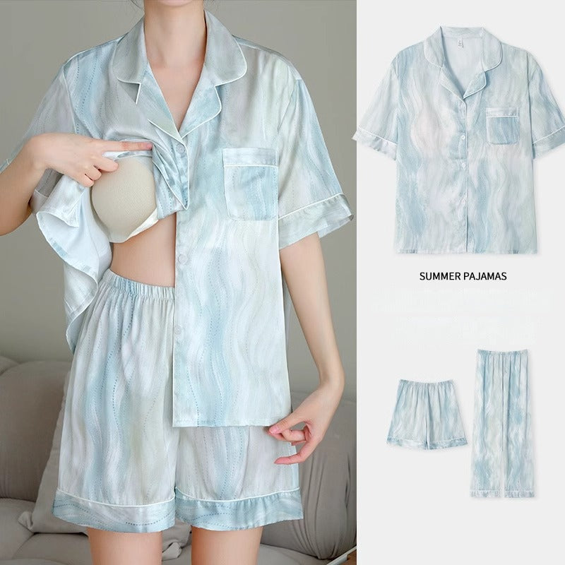 Three-piece Set of Silk Short-sleeved Pajamas