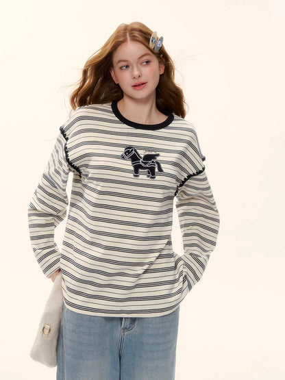 Contrast Stripe Crewneck Long-Sleeve T-Shirt